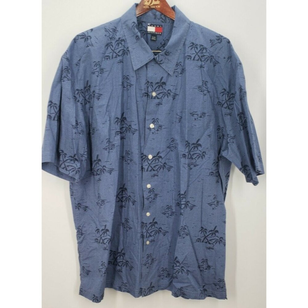 Tommy Hilfiger Men's XL Blue Hawaiian Cotton SS Shirt Palm Trees Island Print
